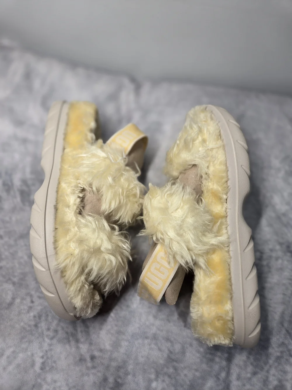 UGG Fluff Sugar platform sandals in a bright yellow color